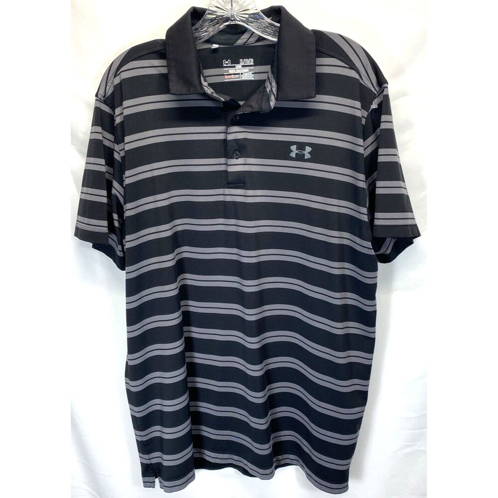 Under Armour Loose Heat Gear Gray Black Strip Short Sleeve Polo Shirt Mens Sz XL